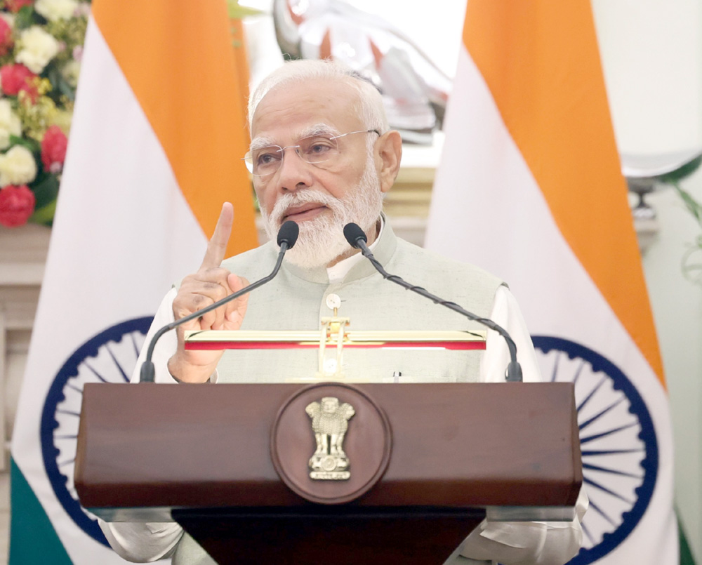 PM addressing the press meet at Hyderabad House, in New Delhi on April 20, 2026.