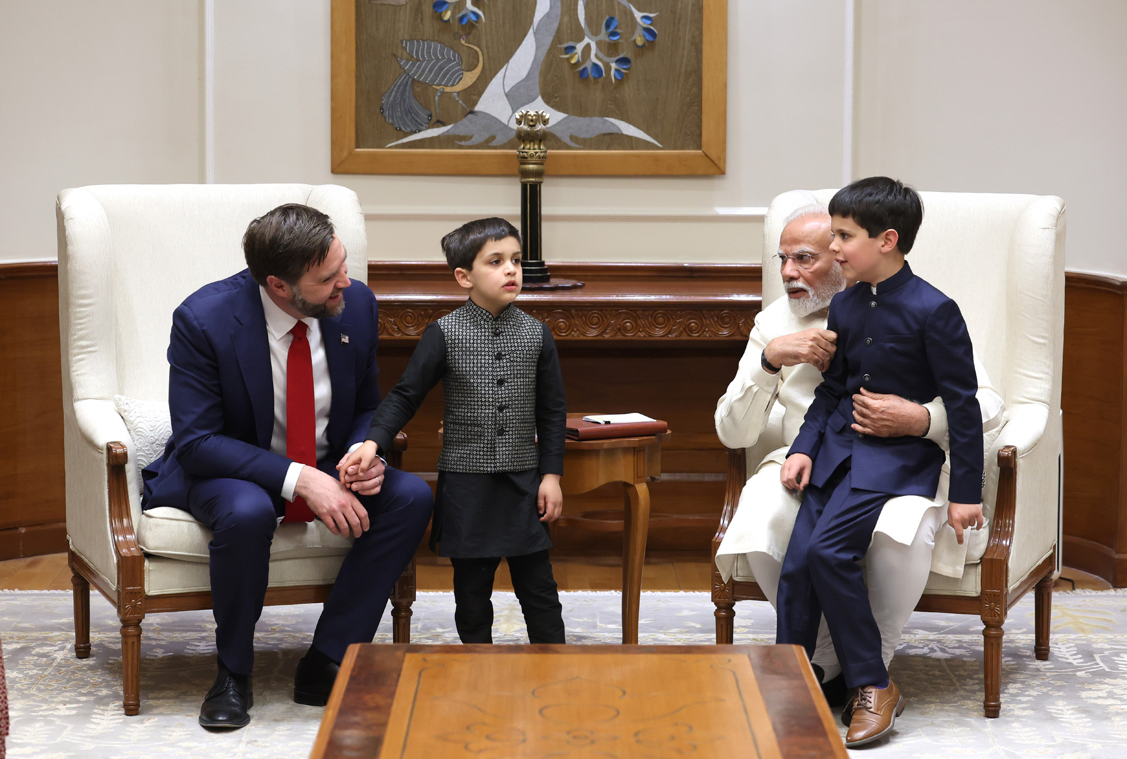 PM meets the Vice President of the United States, Mr. JD Vance, Second Lady Usha Vance and their children at his residence, in 7 Lok Kalyan Marg, New Delhi on April 21, 2025.